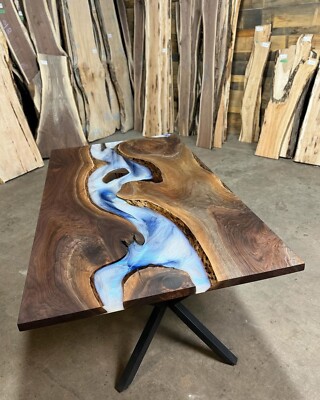 3D Walnut Pearl White & Blue River Epoxy Table - Esstisch / Bürotisch