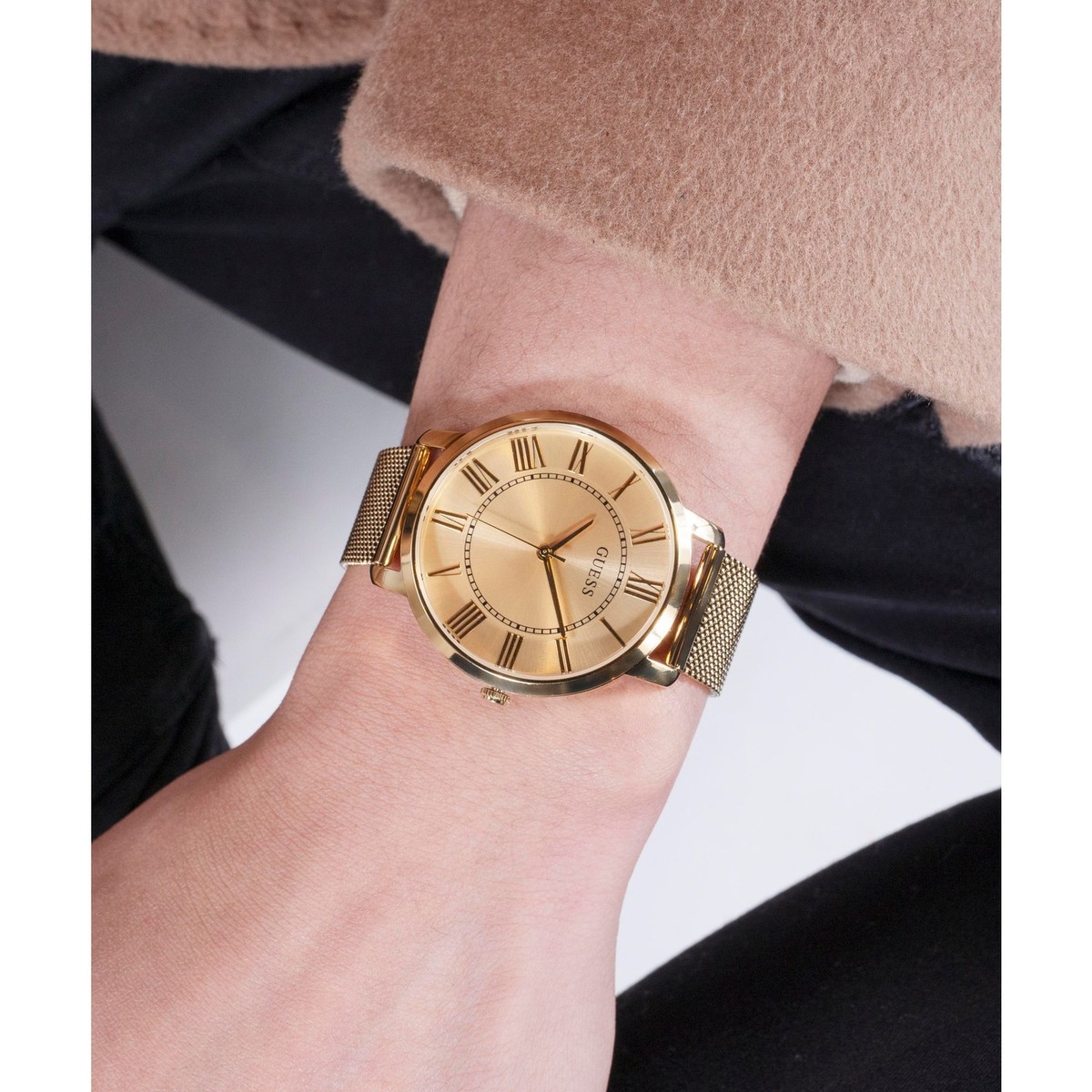 GUESS GW0832G1 Orologio Uomo: Classico Al Quarzo, Cinturino In Rete Oro E Quadrante Champagne