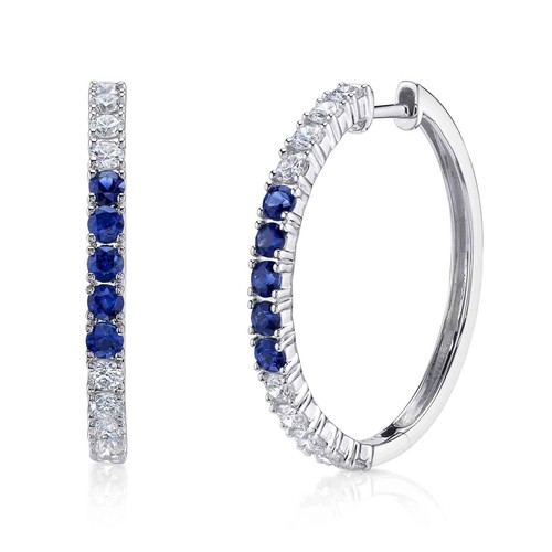 Blue Sapphire Diamond Hoop Earrings 14K White Gold 1.52 CT Natural