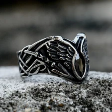 Black Crystal Angel Wings Ring Stainless Steel Male Female Vintage Wedding Ring