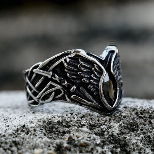 Black Crystal Angel Wings Ring Stainless Steel Male Female Vintage Wedding Ring - Picture 1 of 3