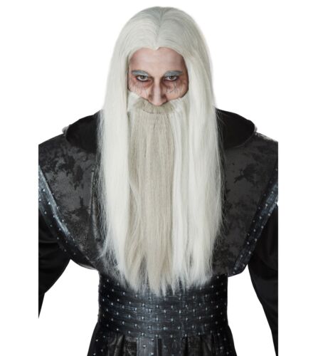 Costume Mago Oscuro Stregone Mago Medievale Grigio Uomo Parrucca Baffi e Barba - Foto 1 di 1