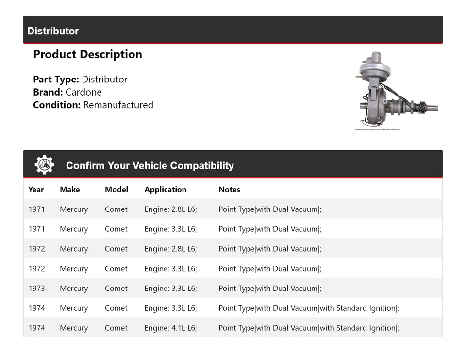Para 1971-1974 Mercury Comet Distribuidor Cardone 1972 1973 Foto 2 de 4