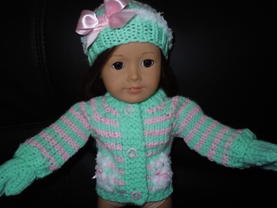 Hand Knit American Made Pink Green Kitty Cat Sweater fits 18'' Girl Doll