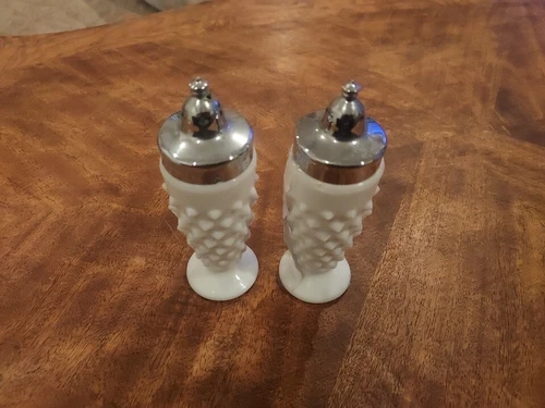 Vintage Fenton Hobnail Milk Glass Footed Salt and Pepper Shakers Perfect