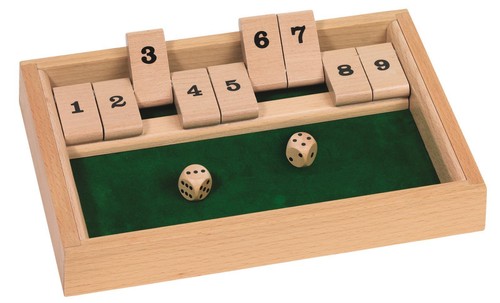 Goki Würfelspiel Shut the box Klopfspiel Klopfbank Hammer Holzkugel Hammerbank - Bild 1 von 1