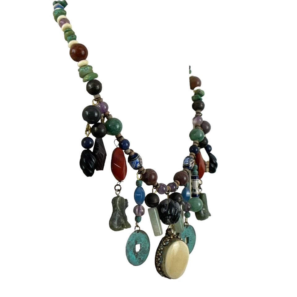 Boho Turquoise Lapis Semi Precious Stones Statement Necklace 18.5" - Image 4 of 4