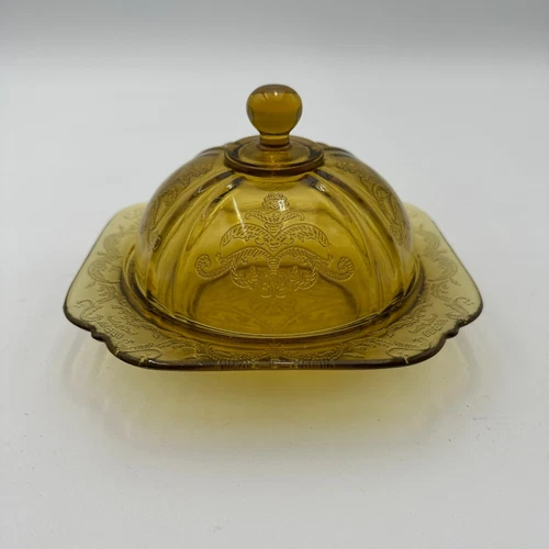 1976 Vintage Federal Amber Glass Madrid Pattern Domed Covered Butter Dish