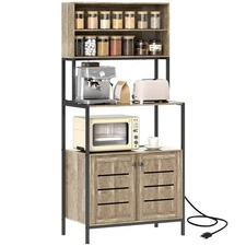 Baker's Rack, Coffee Bar Cabinet with Power Outlet, Gray Wood Grain