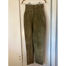 Vintage Suede Pants High Waist Olive Green Pleated Trousers Retro Style