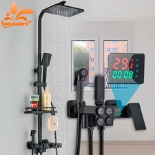Digital Thermostatic Shower System Rainfall Faucet Wall Mount Mixer Set Led