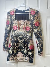 House of CB Brocade Baroque Mini Dress Black Gold Pink Floral XS NWOT