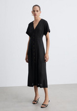 NWT MANGO MNG $90 BLACK LINEN BLEND BUTTON FRONT A-LINE DRESS SZ M US 6