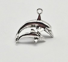 Sterling Silver Dolphin Duo Charm Pendant   Mother  Baby Ocean Theme - 2.0g