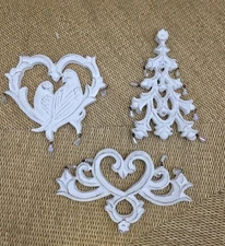 Shabby Chic Resin Ornaments Set of 3 Birds Heart Tree Scroll w/ Crystal Drops