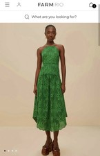 NWT AUTH FARM RIO Green Palm Tree Eyelet Halter Neck Midi Dress Sz SMALL S