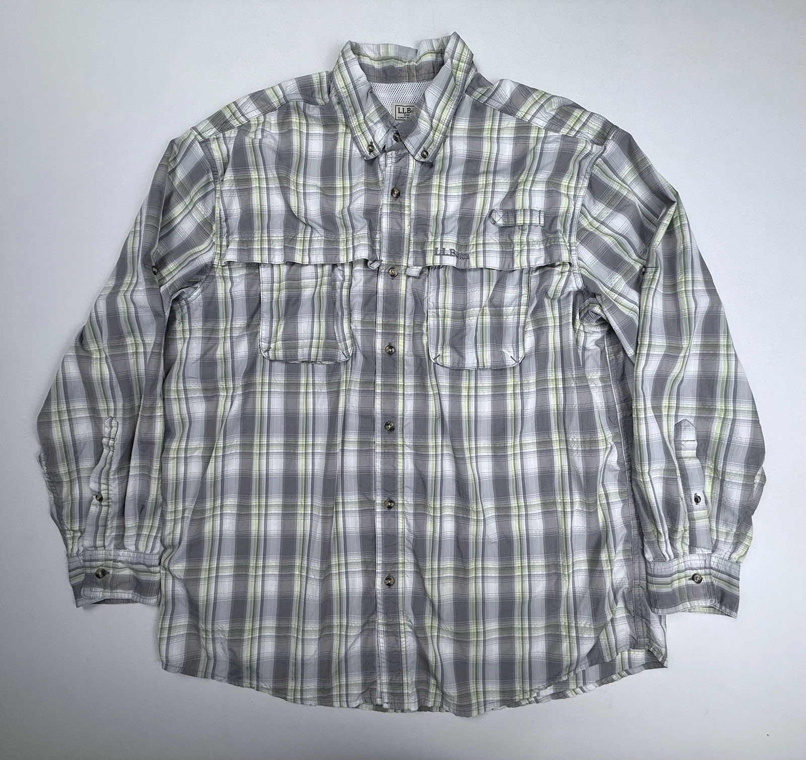 LL Bean Vented Fishing Outdoor Button Down Long Sleeve Plaid Gray Shirt Men's XL