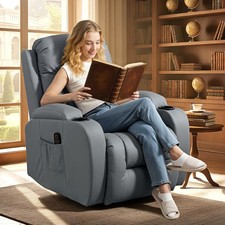 PU Leather Massage Recliner Chair with Remote, Swivel Reclining Chair, Grey