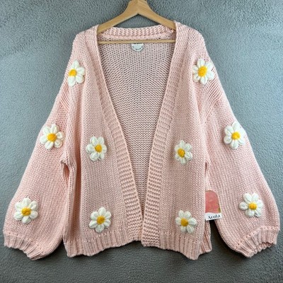 Arula Pink Daisy Crochet Applique Chunky Knit Cardigan Sweater Size 1X NWT