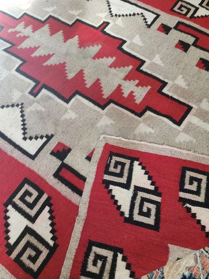 Huge Antique Handmade Native American Navajo Ganado Wool Carpet Rug 80x56 inch - Image 3 of 4