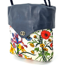Vintage GUCCI Flora Crossbody Bag Canvas Leather Shoulder Navy Purse Authentic