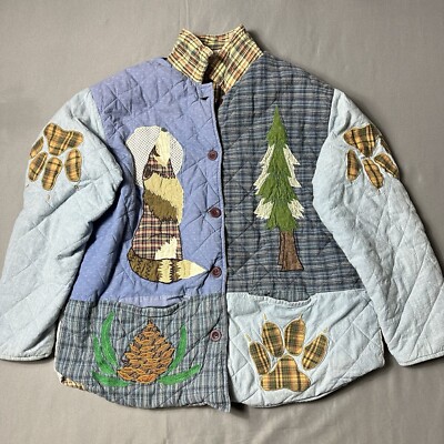 Vtg Patch Magic Jacket Women Medium Reversible Wolf Moon Christmas Tree Quilt