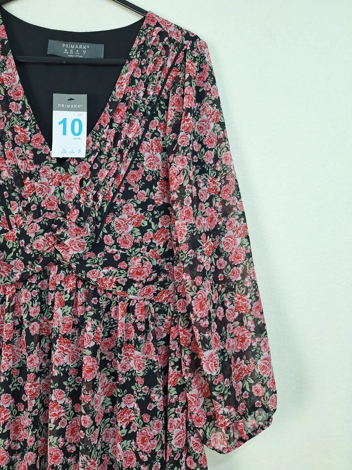 Primark Ladies Floral size 10 Elastic cuffs v-neck casual dress New - Image 4 of 4
