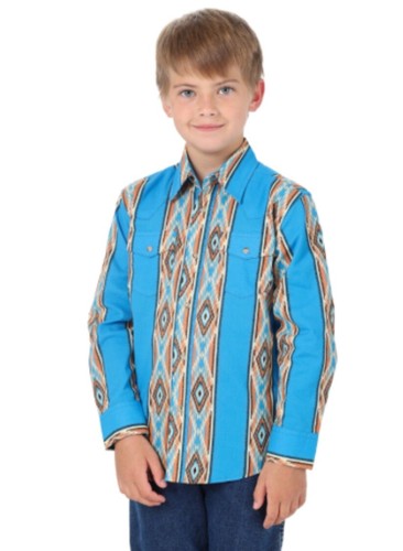 Wrangler Boy's Western Checotah TURQUOISE Aztec Snap Button Shirt NWOT Sz M - Picture 2 of 10