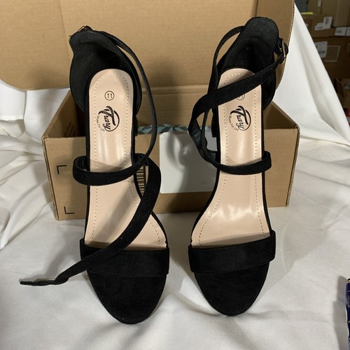 TRARY Black Ankle Cross Strap Heel Sandals, Size 11 - Picture 2 of 6