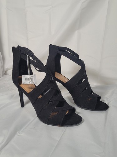 Christian Siriano Black strappy Heel Size 7.5 London Opentoe Faux Suede - Picture 18 of 24