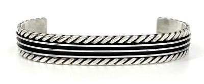 Vintage Tom Hawk Navajo 925 Sterling Silver Grooved Braided Cuff 