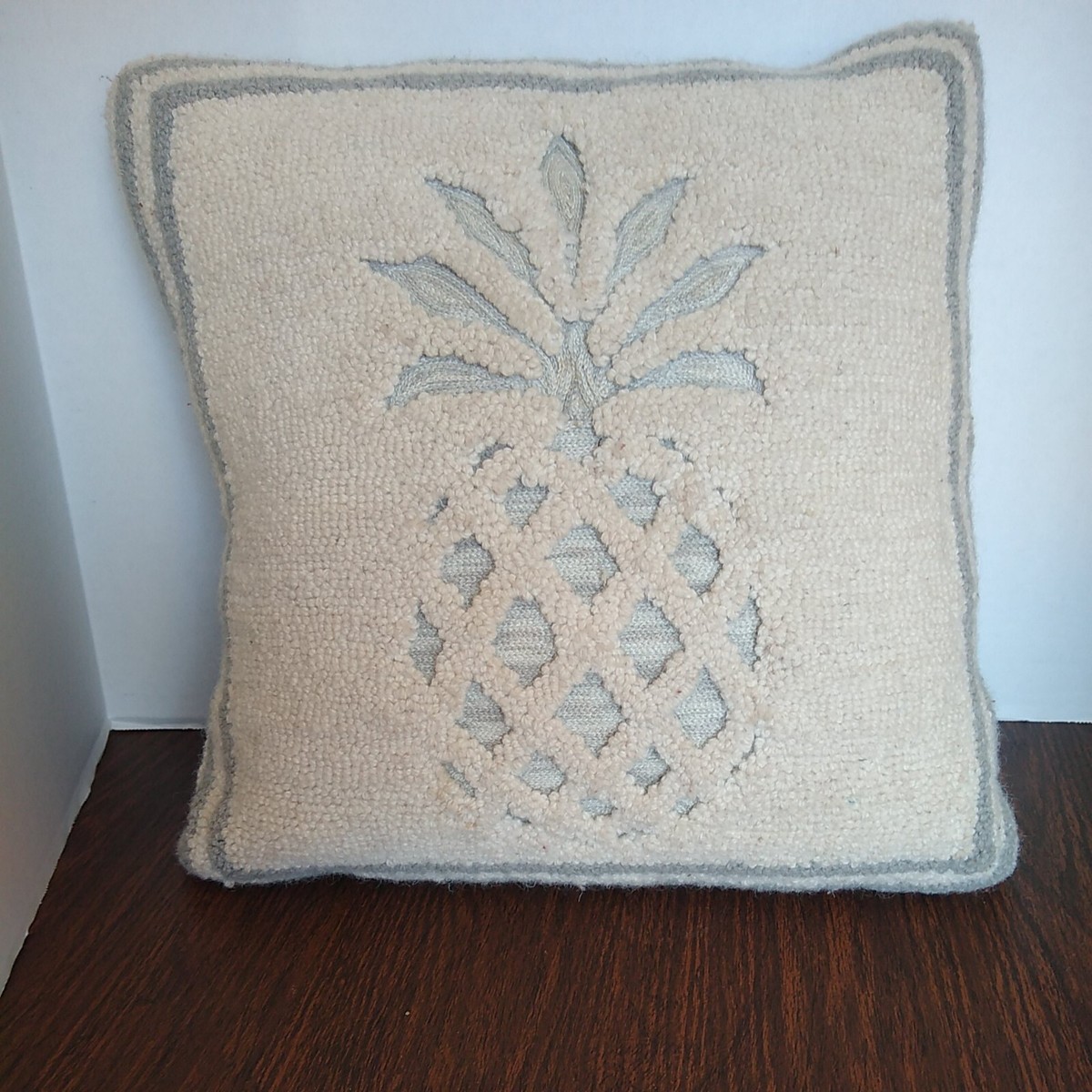 MUD PIE Pineapple Hooked Pillow Wool White Gray Velvet Back 16”x 16
