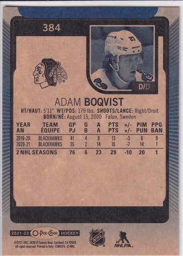 2021-22 O-Pee-Chee Adam Boqvist Blue Border #384 Chicago Blackhawks - Picture 2 of 2