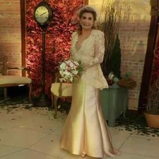 Gold Mother Of The Bride Groom Dresses Long Sleeves Party Gowns Mermaid V-Neck