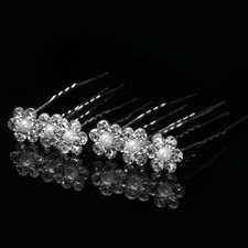 Rhinestone Flower Daisy White Mini Pearl Center Bridal Hair Pin - Set Of 6