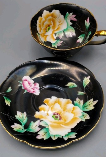 Handpainted Orion China Black With Yellow Pink Cabbage Rose Teacup Saucer Japan - Picture 5 of 12