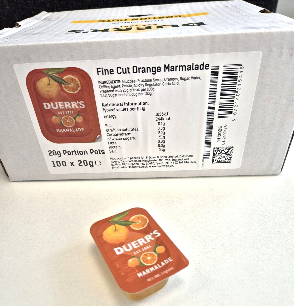 Duerr's Fine Cut Orange Marmalade 20g Portion Pots, 100 X 20g