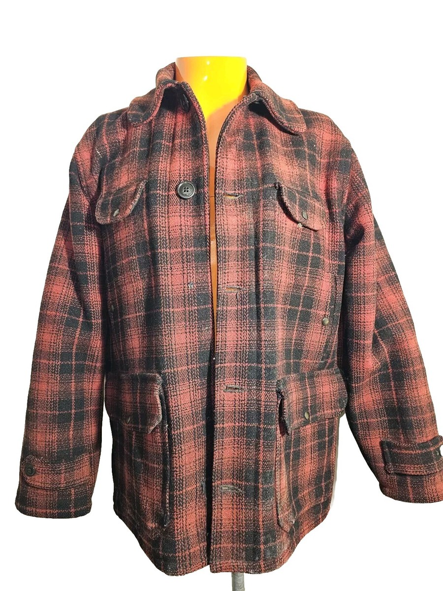 Vintage Johnson Woolen Mills Buffalo Wool Plaid Hunting Coat Size 44 USA Red