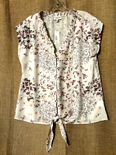Studio B Top L New Silky Floral Ruffle Button Up Tie  Front Shirt Blouse $45 NWT