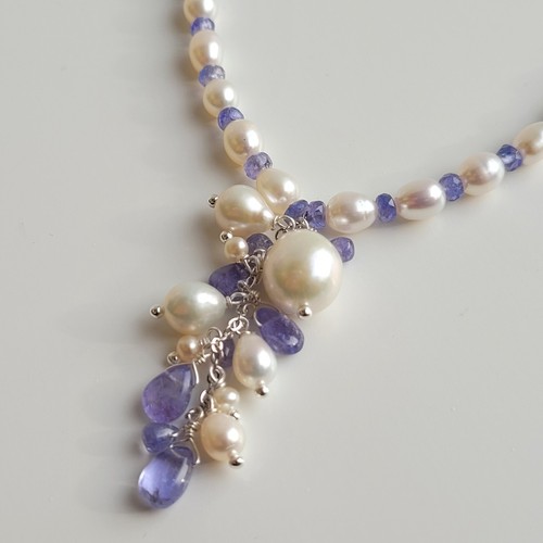 collier argent pierre précieuse tanzanite perles de culture #1384 fait main - Foto 2 di 10