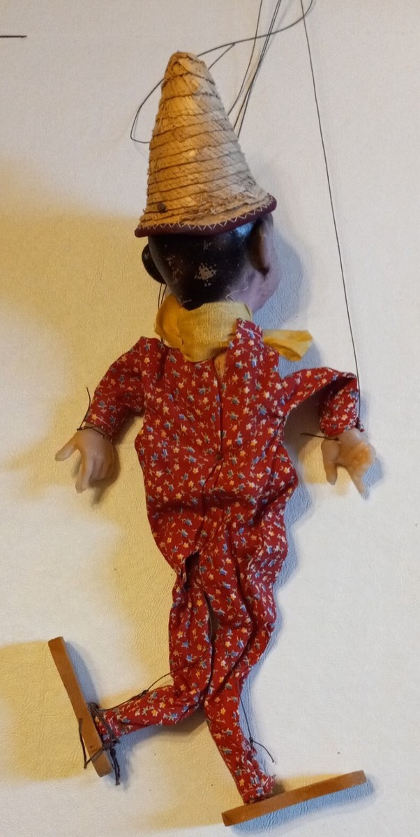 Older Vntg Clown Hobo Marionette Puppet W/ Paper Mache Head