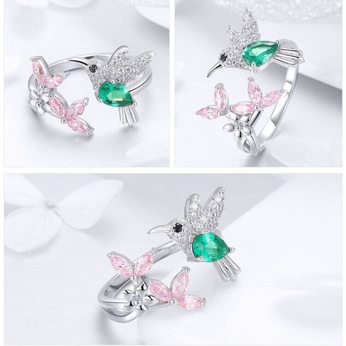 Sterling Silber Hummingbird Ring Weiß Vergoldet S925 Open End Ring Für Frauen - Picture 12 of 12