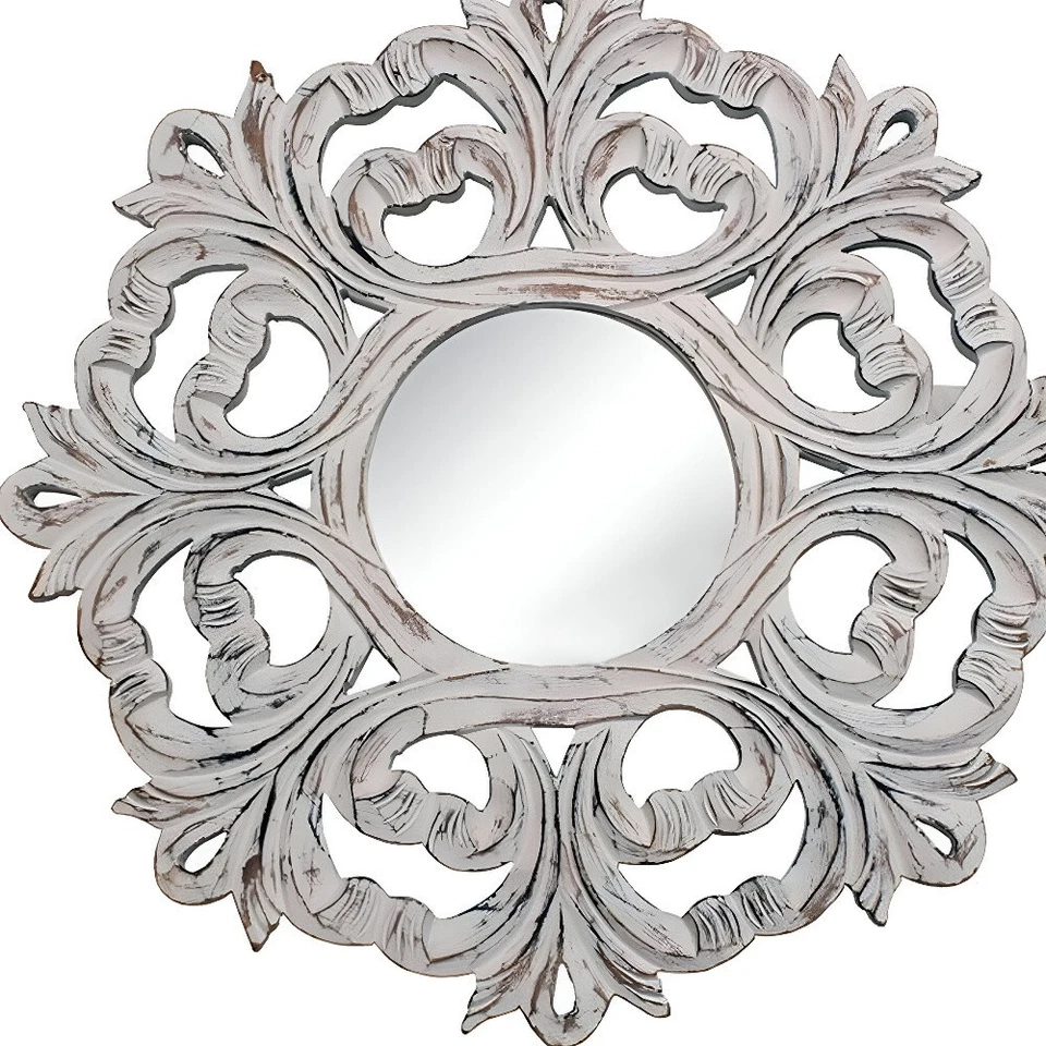 24" White Floral Scrollwork Distressed Round Framed Accent Mirror - Image 3 of 4