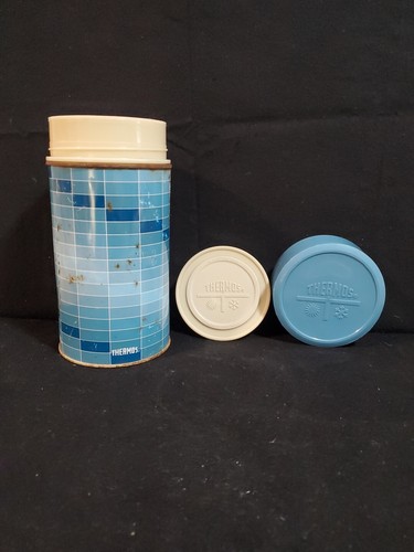 Vintage Thermos King Seeley Blue Checkered Pint with lid, 8.25" Tall Some Rust - Picture 6 of 8