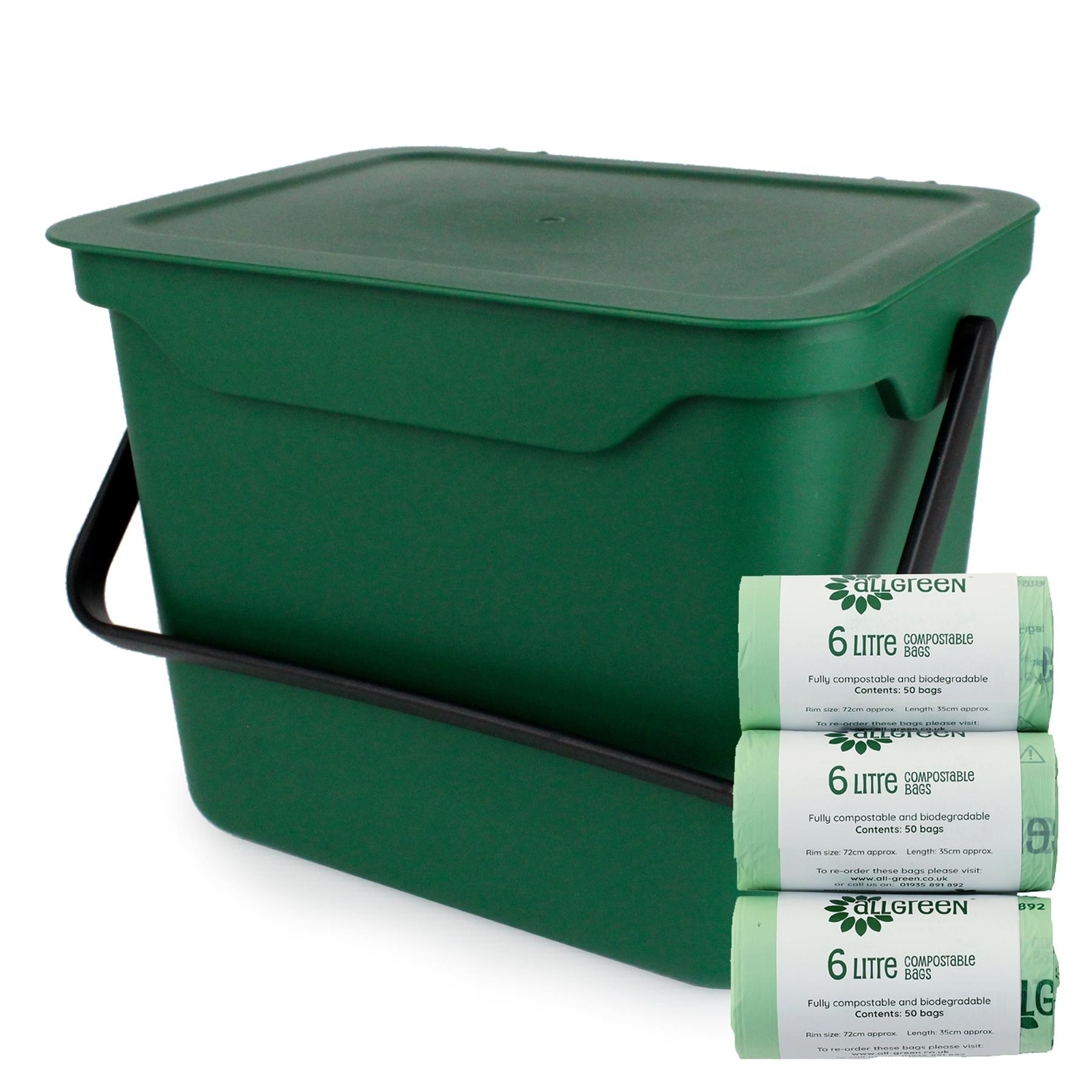 5L Green Kitchen Compost Caddy/Food Waste Bin & 150 x 6 Litre Compostable Bags