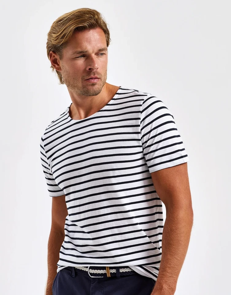 Camiseta Para Hombres Bretón Rayas Manga Corta Camiseta Ancho Cuello Redondo Informal Algodón Top Foto 4 de 4