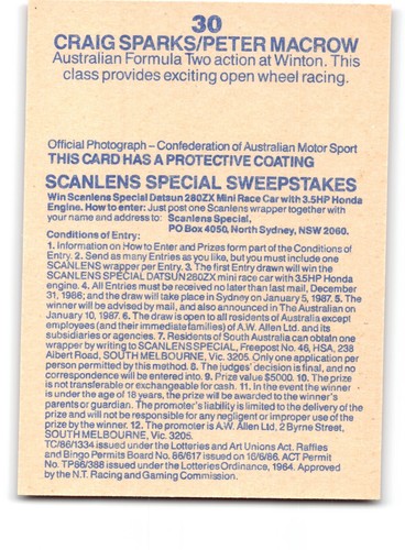 1986 Scanlens CRAIG SPARKS, PETER MACROW Australian Motor Racing Card #30 (B) - Picture 2 of 2