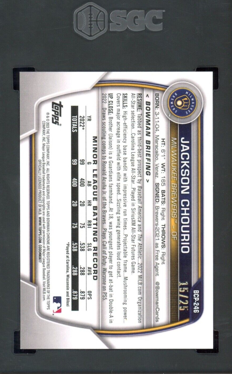 2023 Bowman Chrome Jackson Chourio Orange Rookie RC /25 SGC