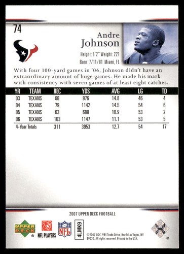 Andre Johnson 2007 Upper Deck #74 Houston Texans MIAMI HOF - Picture 2 of 2
