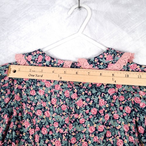 Vntg Dress Girls Smal Black Pink Floral Peter Pan Collar Pleated Long Tea Party - Picture 16 of 22